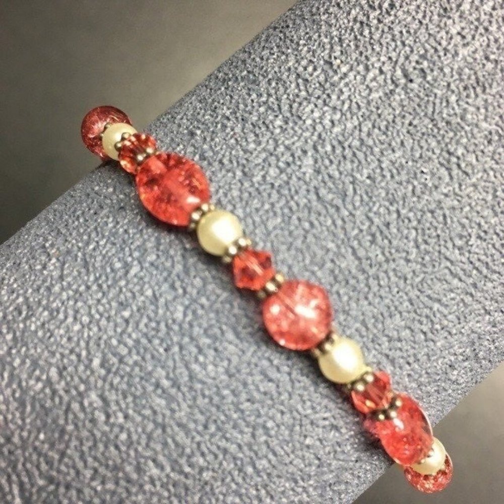 Memory Wire Bracelet Red Pink Pearl Silver Faceted Translucent